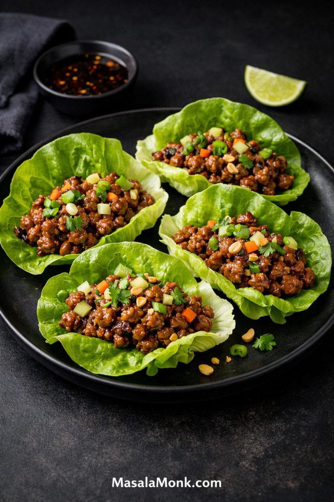 Ground pork lettuce wraps on a dark plate with crisp lettuce, glossy pork filling, peanuts, scallions, herbs, and lime.