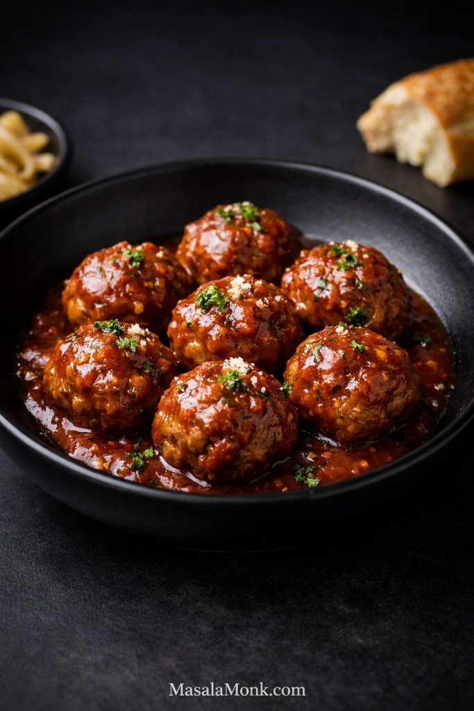 Ground pork meatballs in tomato sauce in a dark bowl, garnished lightly and styled as a comforting leftovers-friendly dinner.