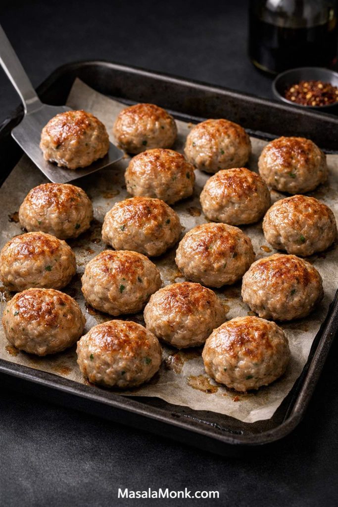 Baked ground pork meatballs on a parchment-lined sheet pan with a spatula lifting one meatball.