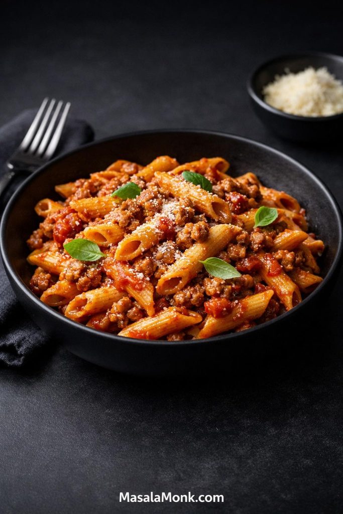 Ground pork pasta with penne, tomato sauce, Parmesan, and basil in a black bowl.