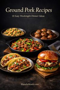 Ground pork recipes featured image showing stir fry, tacos, fried rice, meatballs, and a burger for easy weeknight dinners.