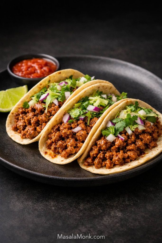 Ground pork tacos on a dark plate with juicy seasoned pork, soft tortillas, cilantro, red onion, lime, and salsa.