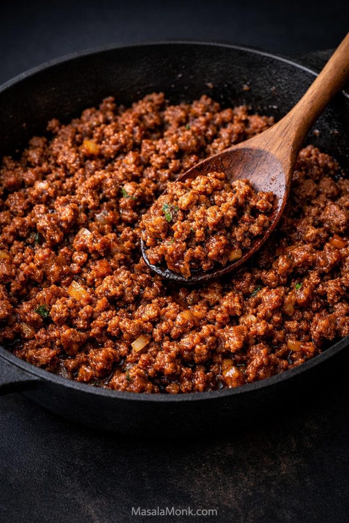 Ground pork tacos process image showing browned juicy taco filling with onions in a skillet and a wooden spoon.
