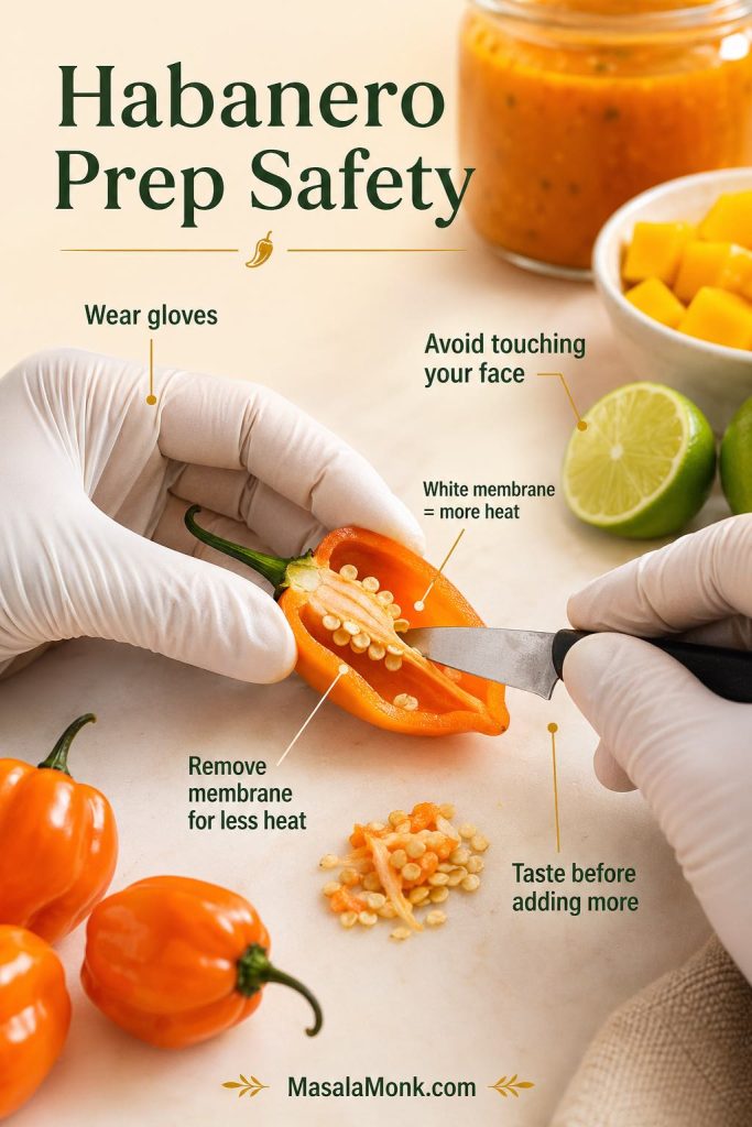 Gloved hands removing seeds and white membrane from an orange habanero pepper for mango habanero sauce.