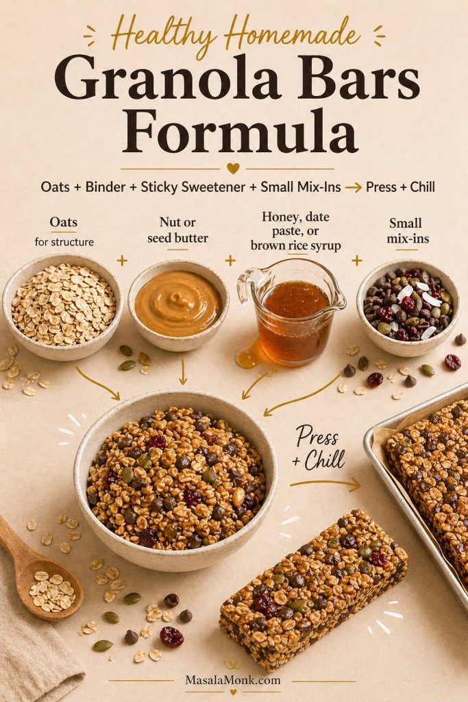 Formula guide showing oats, nut butter, sticky sweetener, small mix-ins, pressing, chilling, and finished homemade granola bars.