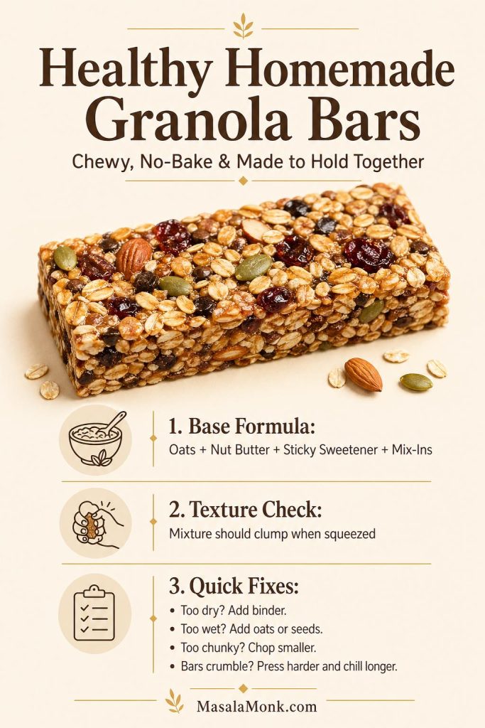 Summary guide for healthy homemade granola bars showing the base formula, texture check, and quick fixes for dry, wet, chunky, or crumbly bars.