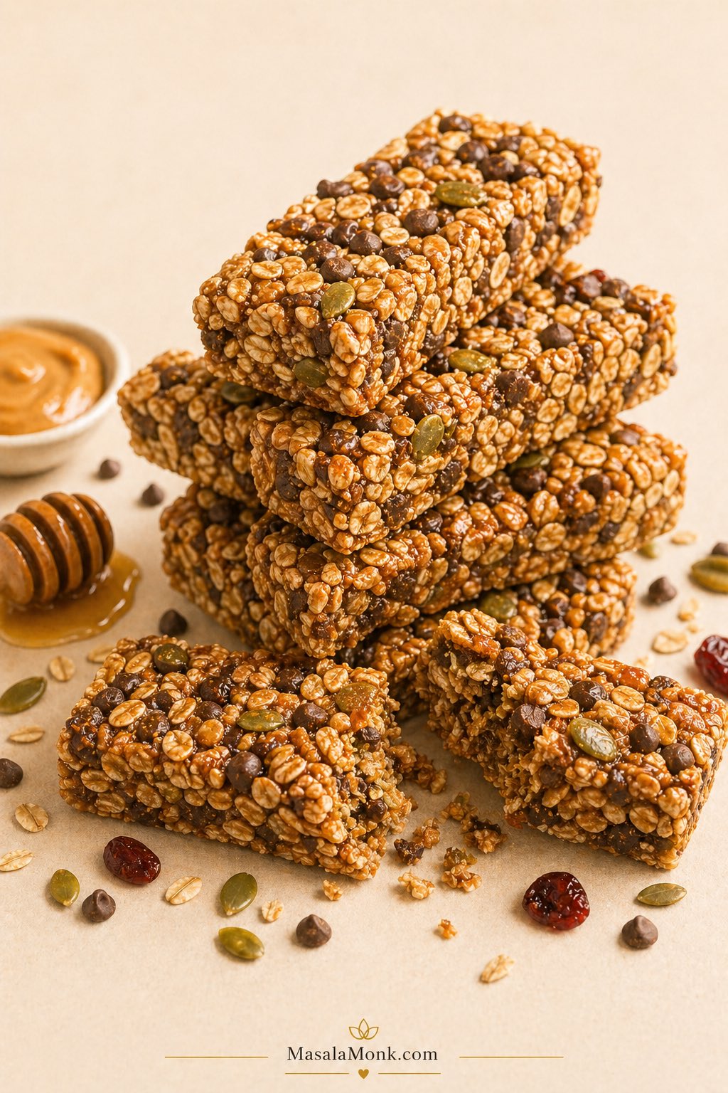 Stack of chewy homemade granola bars with oats, seeds, chocolate chips, honey, and nut butter on a warm neutral surface.