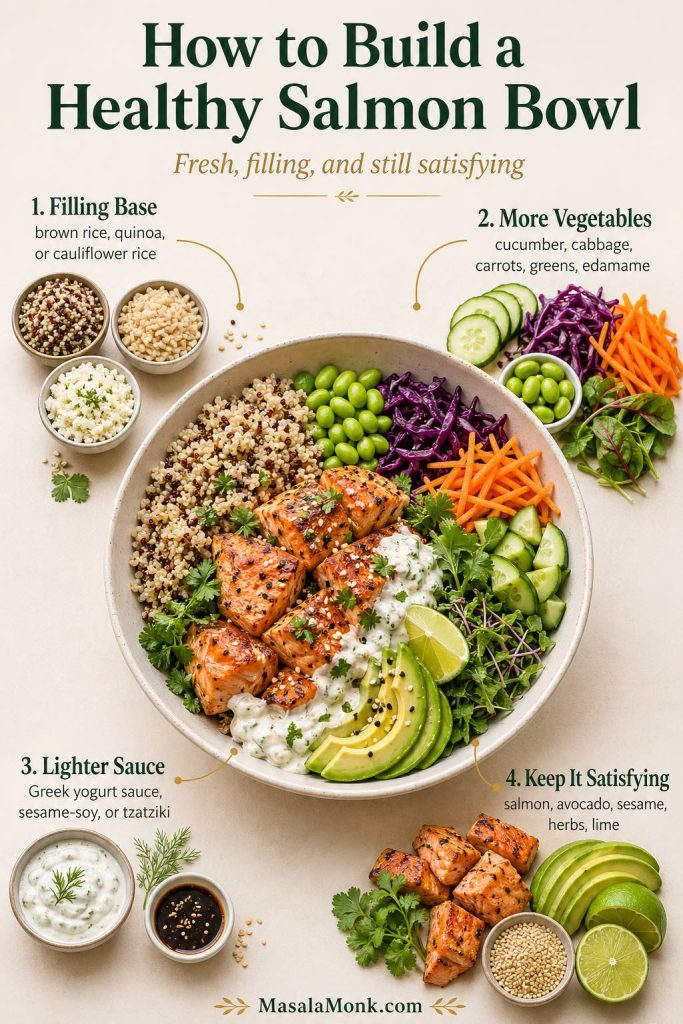 Healthy salmon bowl guide with quinoa, salmon bites, extra vegetables, avocado, herbs, lime, lighter sauce, and satisfying toppings.