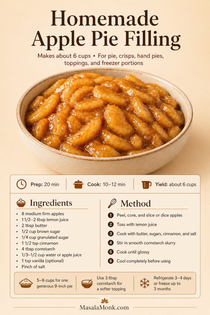 Recipe card for homemade apple pie filling with yield, prep and cook time, ingredients, method, storage, and pie-use notes.