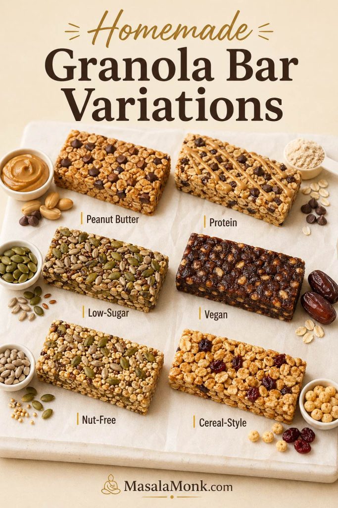 Guide showing six homemade granola bar variations: peanut butter, protein, low-sugar, vegan, nut-free, and cereal-style.