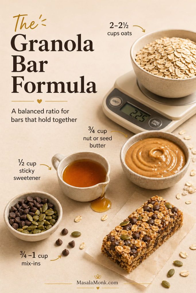 Formula guide for homemade granola bars showing oats, nut or seed butter, sticky sweetener, mix-ins, and a finished bar.