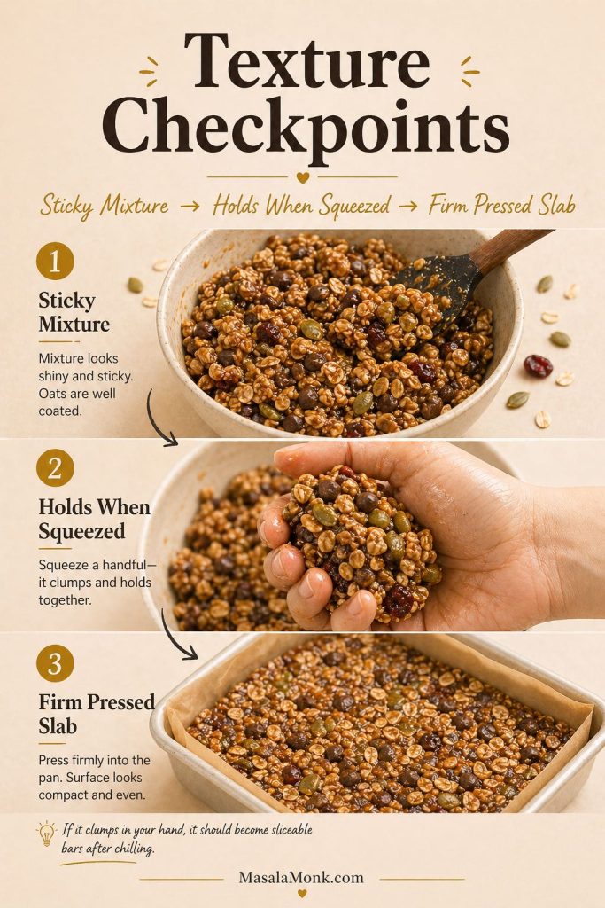 Texture checkpoint guide showing sticky granola bar mixture, a hand-squeezed cluster, and a firm pressed slab in a pan.