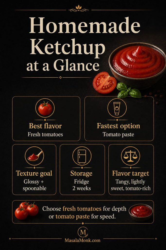 At-a-glance guide summarizing homemade ketchup options, flavor target, texture goal, and storage guidance.