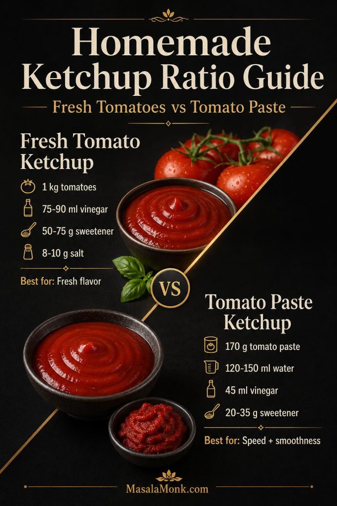 Ratio guide comparing homemade ketchup made with fresh tomatoes and ketchup made with tomato paste.