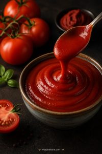 Thick glossy homemade ketchup in a bowl with a spoon, fresh tomatoes, and tomato paste nearby.