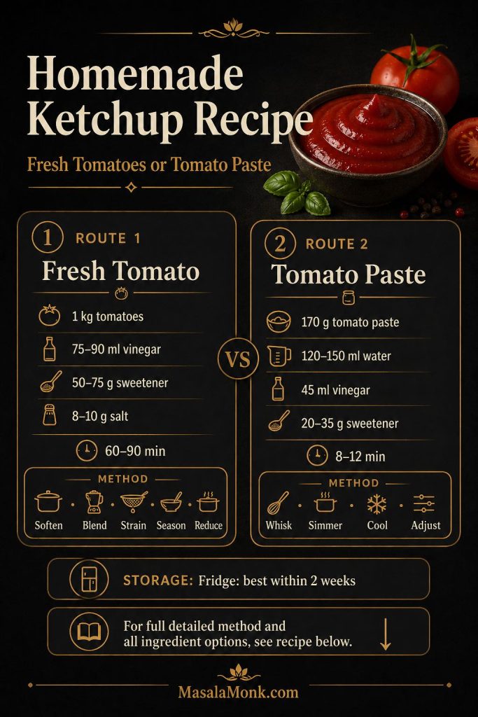 Recipe recap board for homemade ketchup showing fresh tomato and tomato paste versions with a short method summary.