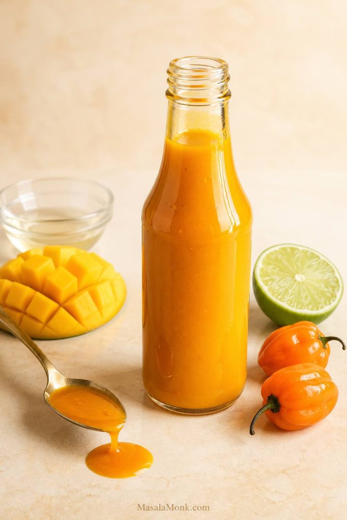 Homemade mango habanero hot sauce in a glass bottle with mango, habanero peppers, lime, vinegar, and a spoonful of orange sauce.