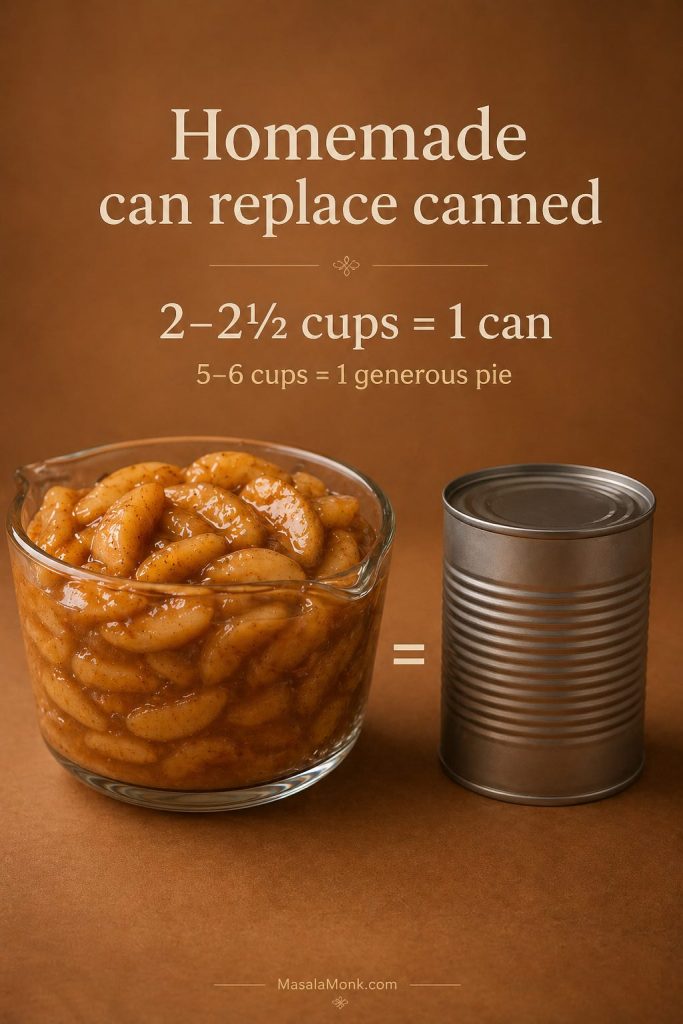 Homemade apple pie filling beside a plain can, showing that 2 to 2 1/2 cups replaces one can and 5 to 6 cups makes one generous pie.