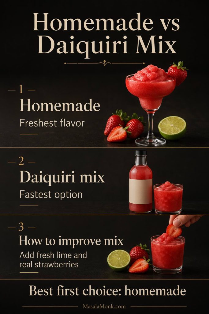 Homemade vs daiquiri mix guide for a frozen strawberry daiquiri, showing homemade as the freshest option, bottled mix as the fastest option, and fresh lime plus real strawberries as the best way to improve mix.
