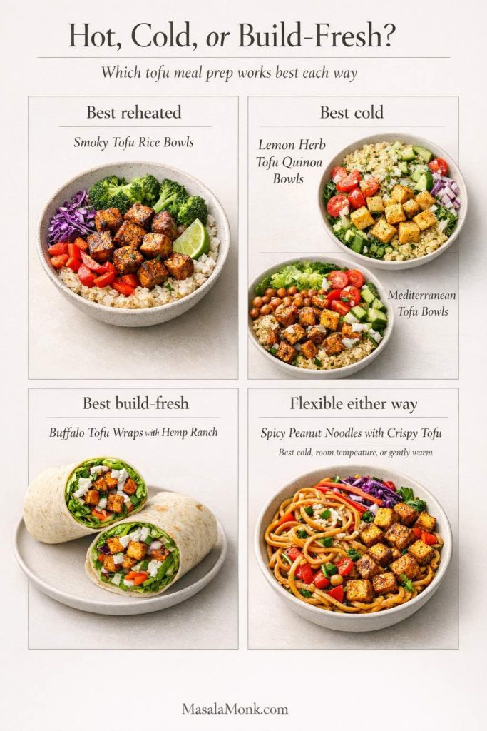 Tofu meal prep comparison guide showing which recipes are best reheated, best cold, best build-fresh, or flexible either way, including smoky tofu rice bowls, lemon herb tofu quinoa bowls, Mediterranean tofu bowls, buffalo tofu wraps, and spicy peanut noodles.