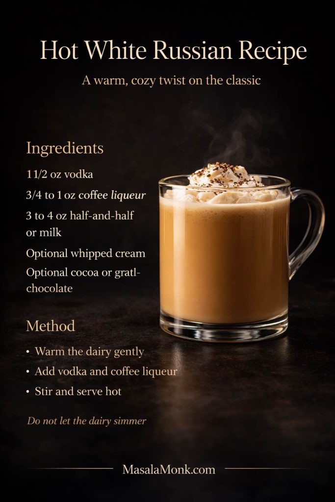 Hot White Russian recipe card showing a warm creamy White Russian cocktail in a glass mug with steam, whipped cream, and text overlay for ingredients, method, and a tip not to let the dairy simmer.