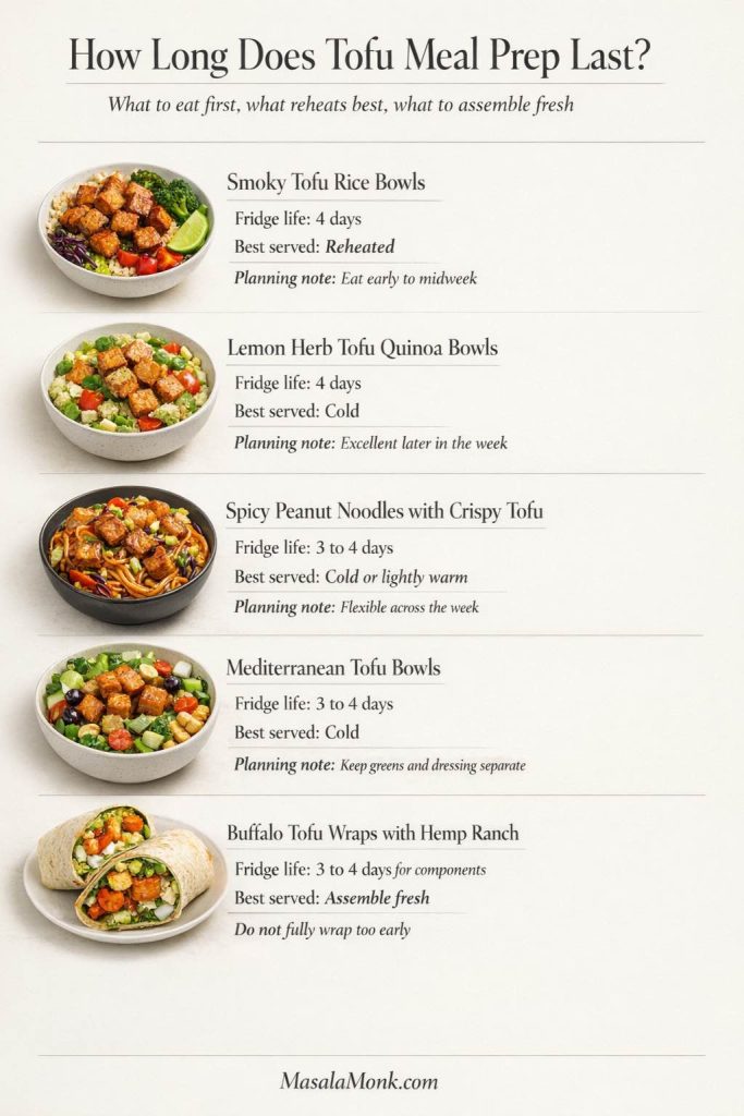 Tofu meal prep storage guide showing how long smoky tofu rice bowls, lemon herb tofu quinoa bowls, spicy peanut noodles, Mediterranean tofu bowls, and buffalo tofu wraps last in the fridge and how each is best served.