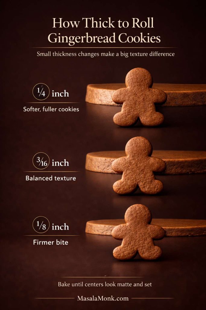 Thickness guide for gingerbread cookies showing 1/4 inch for softer fuller cookies, 3/16 inch for balanced texture, and 1/8 inch for a firmer bite.