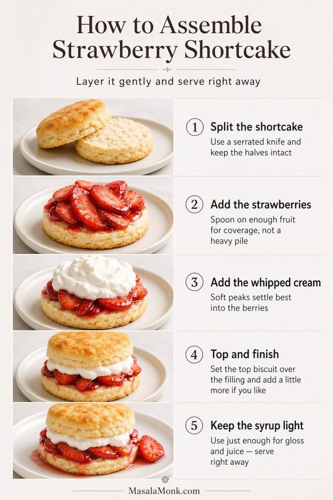 Five-step strawberry shortcake assembly guide showing a split biscuit shortcake filled with strawberries, whipped cream, and the top biscuit half, then served right away.