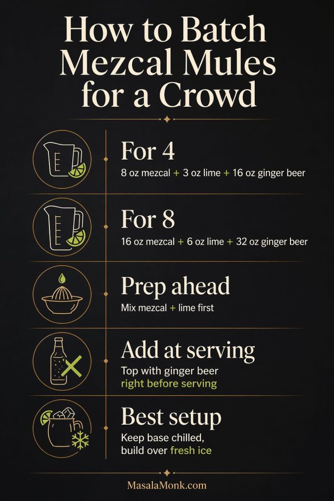 How to batch mezcal mules for a crowd, showing scaled amounts for 4 and 8 drinks plus prep-ahead and serving tips.