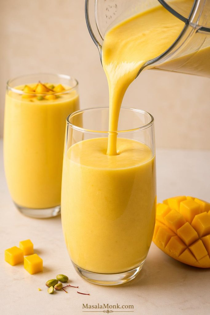 Thick smooth mango lassi being poured from a blender jar into a glass, with a finished glass and mango pieces nearby.