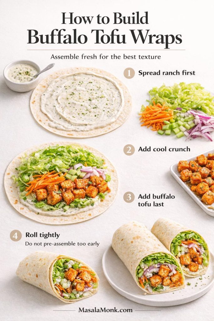 How to build buffalo tofu wraps guide showing hemp ranch spread on a tortilla, crunchy vegetables, buffalo tofu, and the finished wrap rolled tightly for meal prep.
