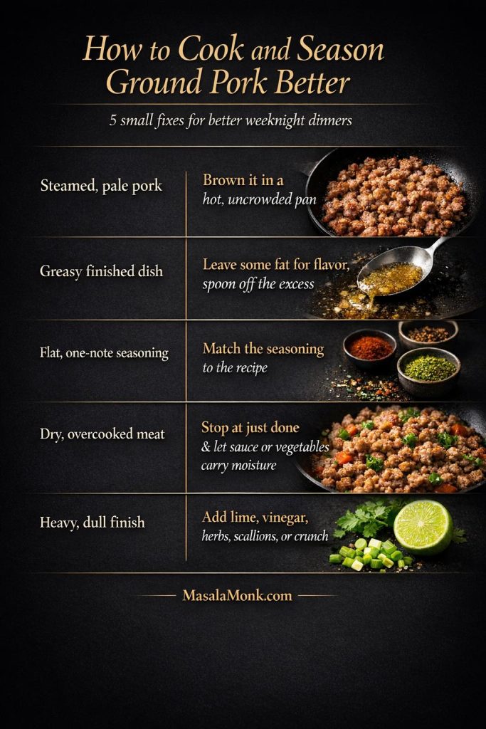 Instructional guide showing how to cook and season ground pork better with five fixes for browning, fat, seasoning, moisture, and finishing.