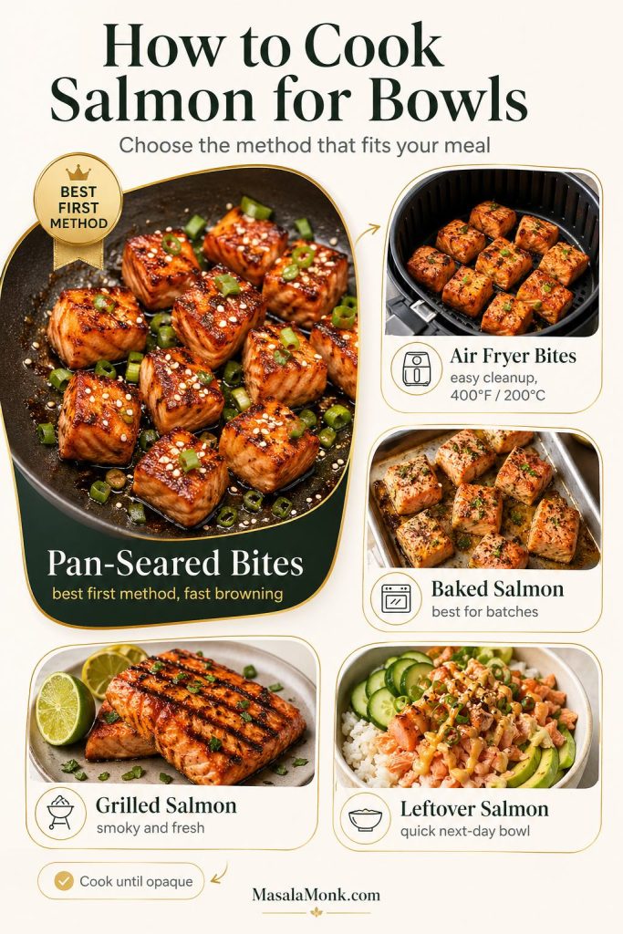 How to cook salmon for bowls guide comparing pan-seared salmon bites, air fryer bites, baked salmon, grilled salmon, and leftover salmon with a cook-until-opaque note.