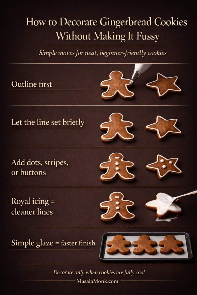 Decorating guide for gingerbread cookies showing outline first, let the icing set briefly, add dots or buttons, use royal icing for cleaner lines, and simple glaze for a faster finish.