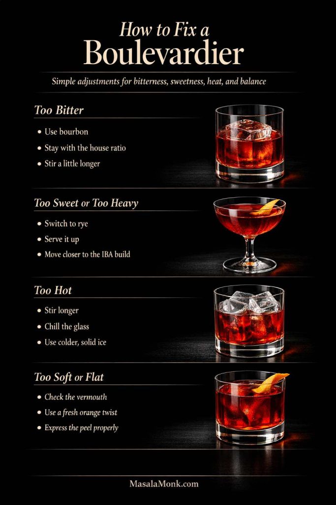 Troubleshooting guide for fixing a Boulevardier that tastes too bitter, too sweet, too hot, or too flat.