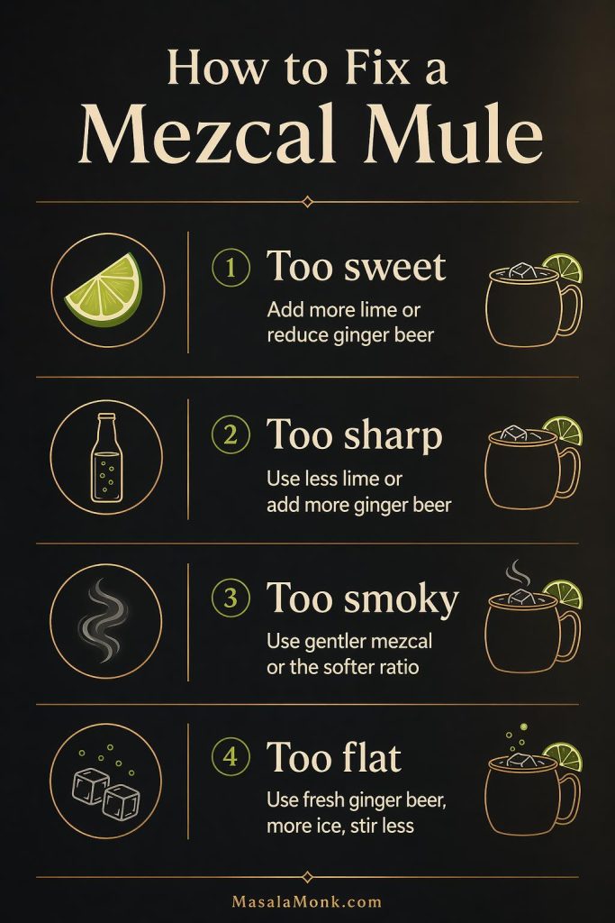 How to fix a mezcal mule that tastes too sweet, too sharp, too smoky, or too flat, with quick adjustment tips for lime, ginger beer, mezcal, ice, and stirring.