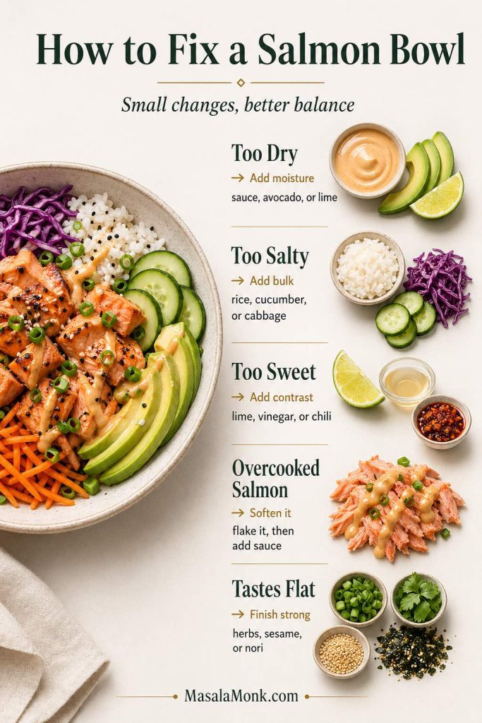 How to fix a salmon bowl guide with fixes for a dry, salty, sweet, flat, or overcooked salmon bowl using sauce, avocado, lime, rice, cucumber, herbs, sesame, and nori.