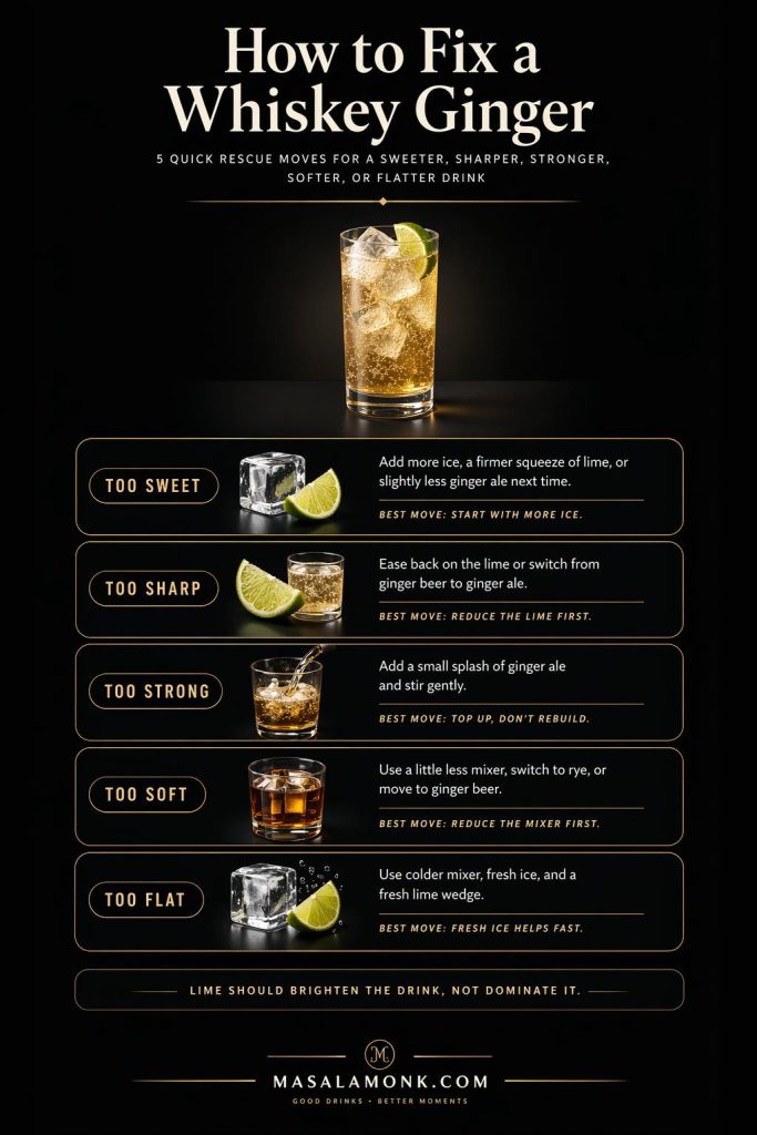 How to fix a whiskey ginger guide showing quick fixes for a drink that tastes too sweet, too sharp, too strong, too soft, or too flat.
