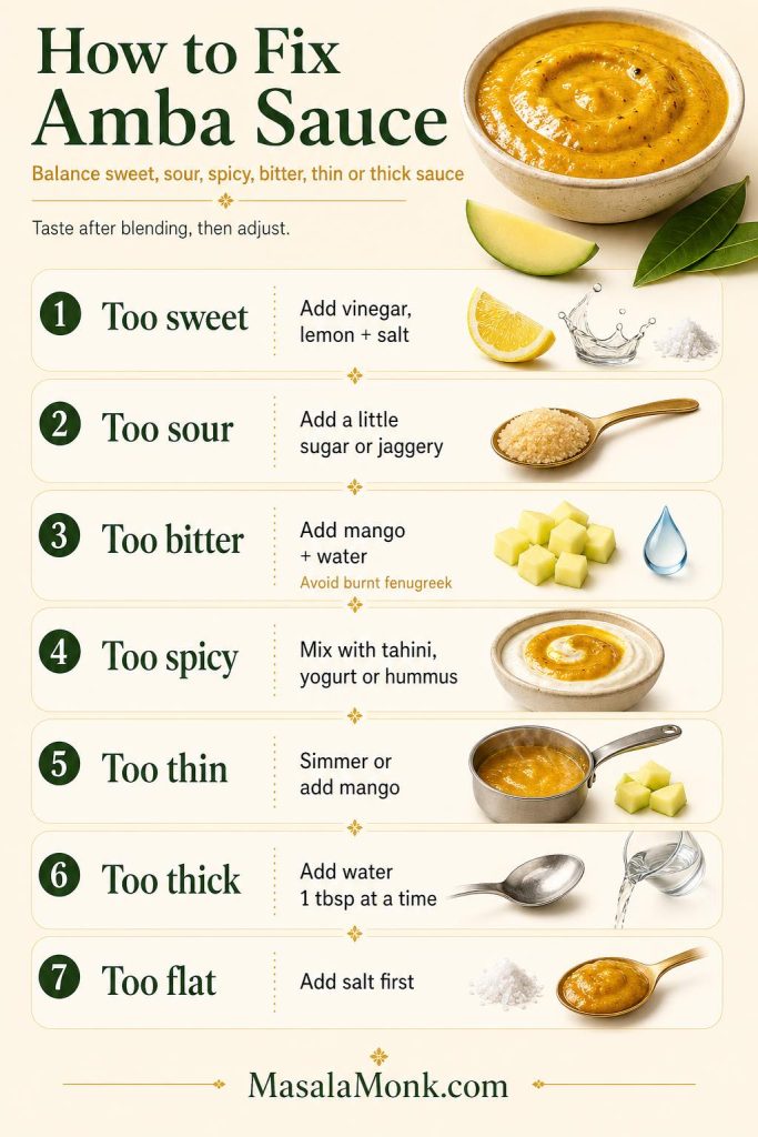 Troubleshooting guide for fixing amba sauce that is too sweet, too sour, too bitter, too spicy, too thin, too thick or flat.