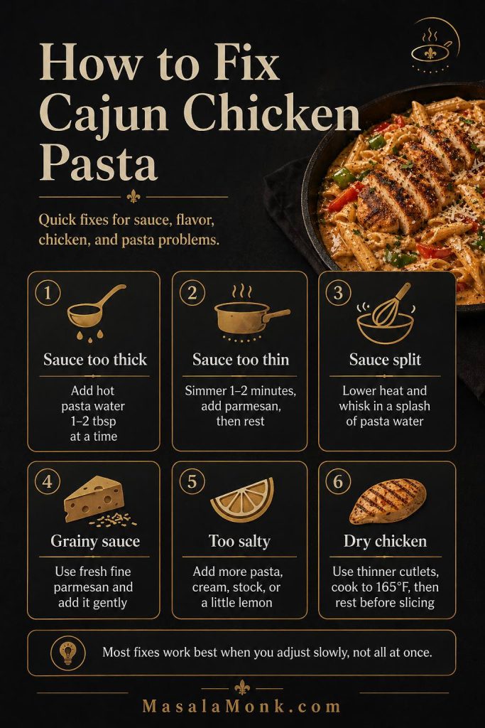 Troubleshooting guide for Cajun chicken pasta with fixes for thick sauce, thin sauce, split sauce, grainy sauce, salty pasta, and dry chicken.