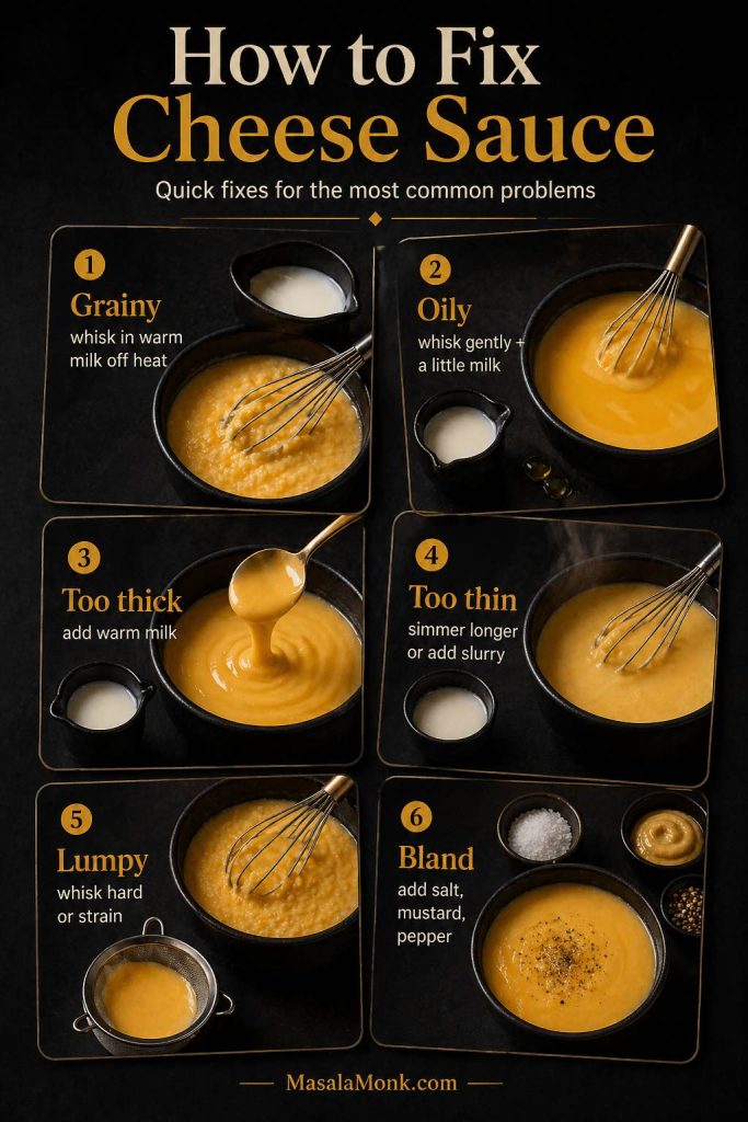 Guide showing how to fix grainy, oily, thick, thin, lumpy and bland cheese sauce.