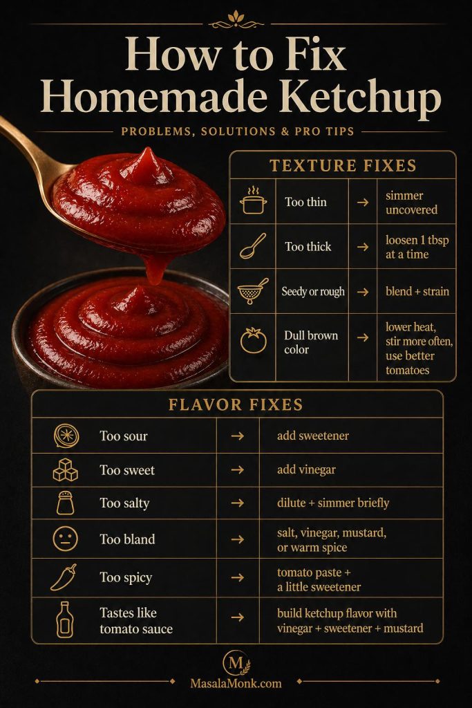 Troubleshooting guide for homemade ketchup showing fixes for ketchup that is too thin, too thick, too sour, too sweet, too salty, bland, spicy, or rough.
