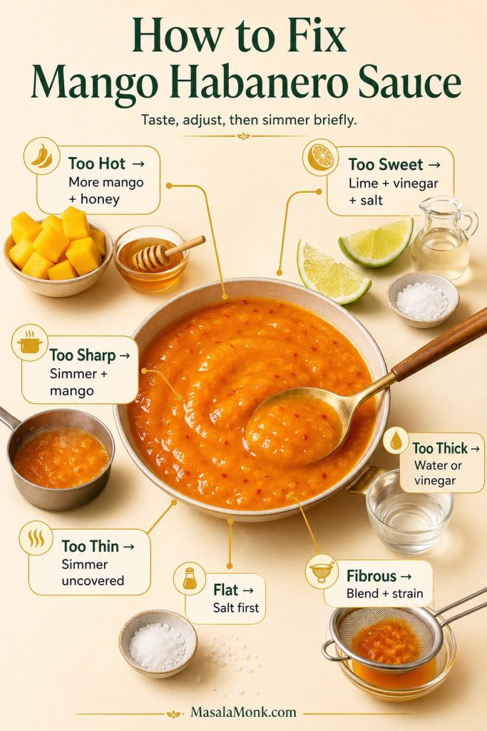 Troubleshooting guide for mango habanero sauce showing fixes for sauce that is too hot, too sweet, too sharp, too thick, too thin, flat, or fibrous.