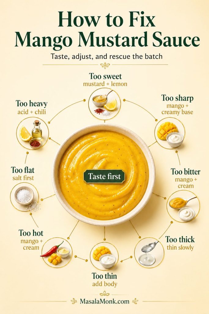 Troubleshooting guide for mango mustard sauce showing how to fix sauce that is too sweet, too sharp, too bitter, too thick, too thin, too hot, too flat, or too heavy.