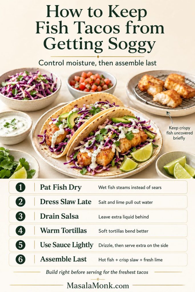 A guide showing how to keep fish tacos from getting soggy with crisp fish, cabbage slaw, lime crema, warm tortillas, drained salsa, lime, and tips to pat fish dry, dress slaw late, drain salsa, use sauce lightly, and assemble last.