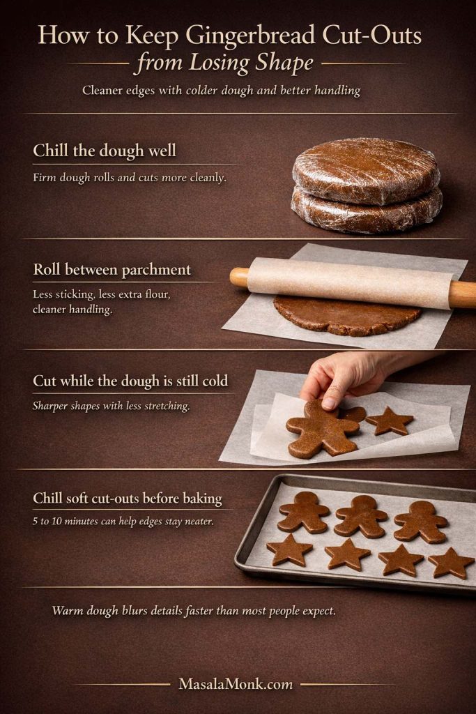 Shape-retention guide for gingerbread cut-out cookies showing chilled dough, rolling between parchment, cutting while cold, and chilling the tray before baking.