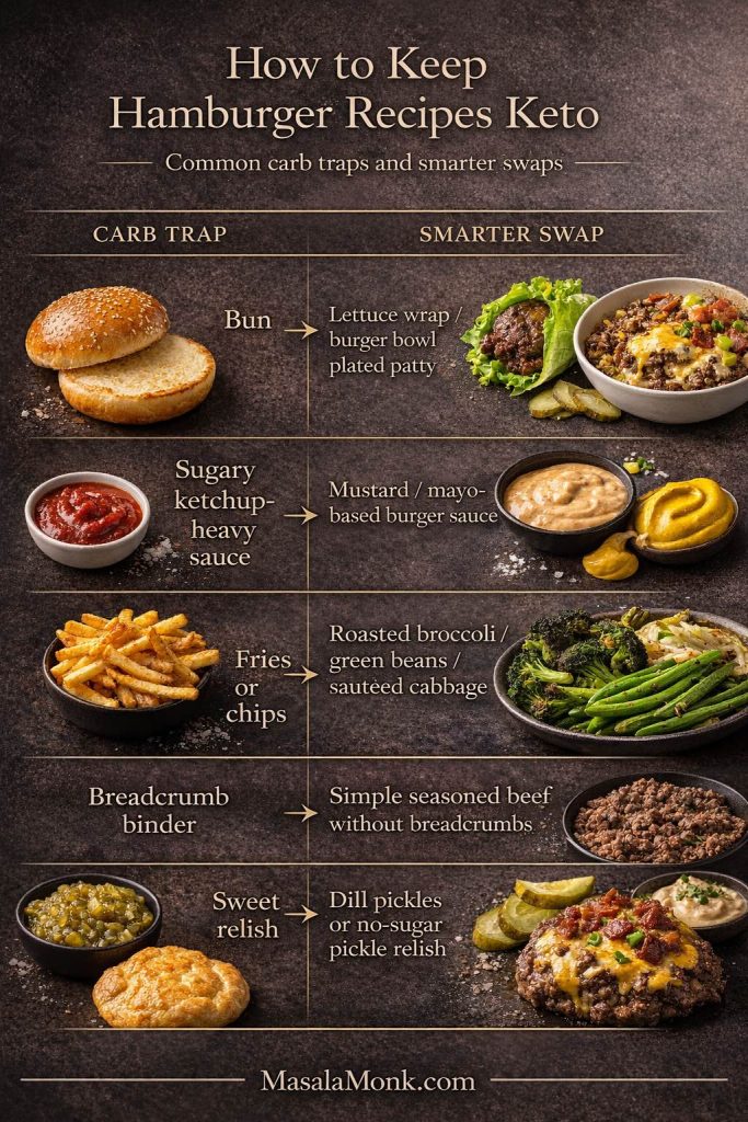 Comparison guide showing how to keep hamburger recipes keto by swapping buns, sugary ketchup-heavy sauce, fries or chips, breadcrumb binder, and sweet relish for lower-carb burger options.