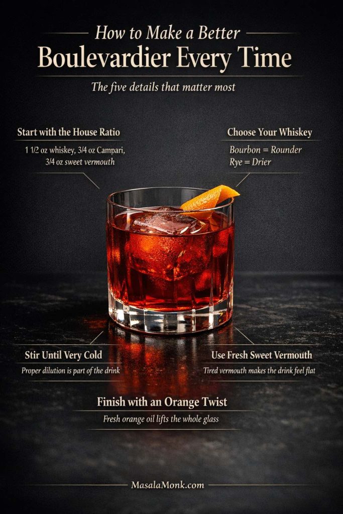 Closing Boulevardier guide highlighting five keys: ratio, whiskey choice, stirring, fresh sweet vermouth, and orange twist.