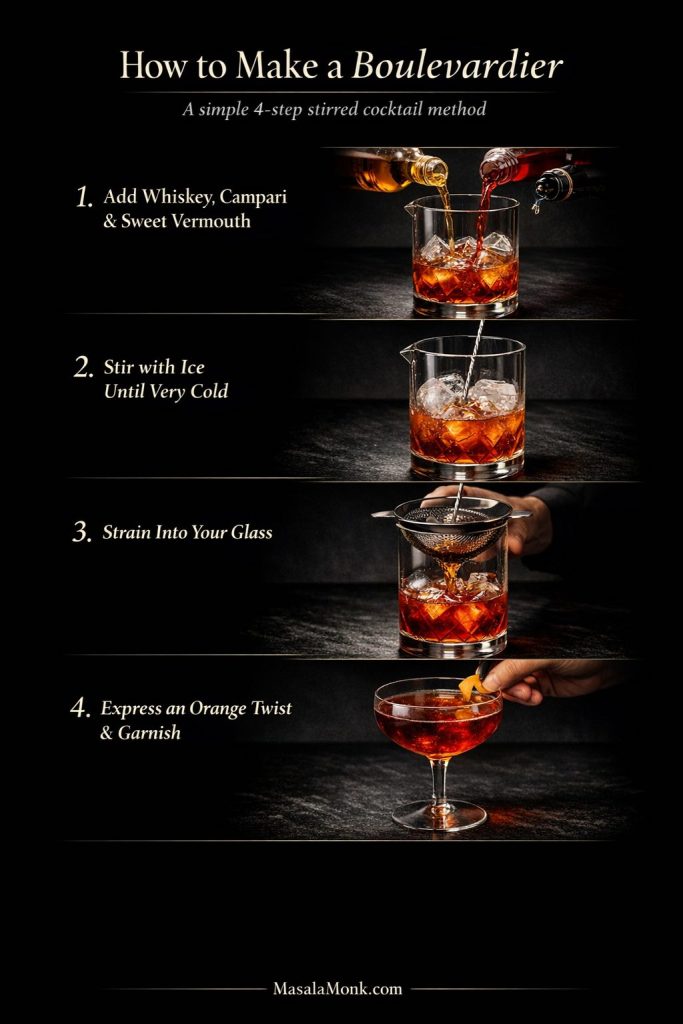 Four-step Boulevardier method guide: add ingredients, stir with ice, strain, and garnish with an orange twist.