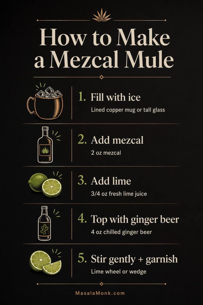 How to make a mezcal mule in five steps with ice, mezcal, fresh lime juice, chilled ginger beer, and lime garnish.